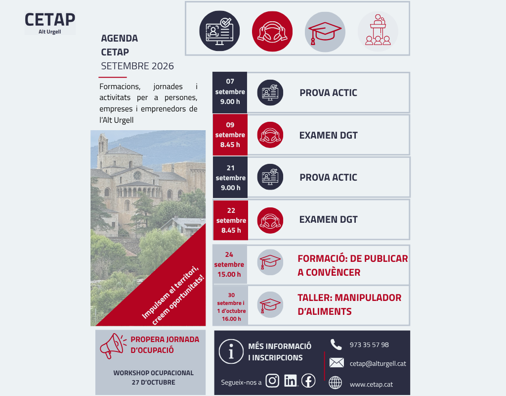 Agenda CETAP setembre 2026 amb formacions, activitats i serveis
